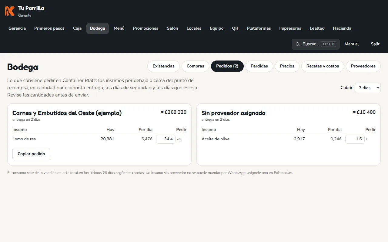 Pantalla: «Pedidos» le arma el pedido para cada proveedor