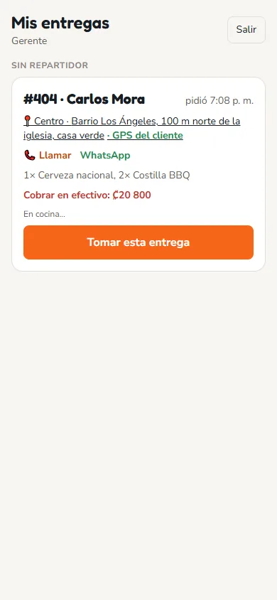 Pantalla: Al entrar ve las entregas sin repartidor