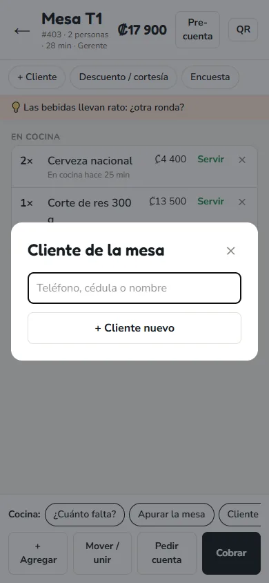 Pantalla: «+ Cliente» busca al cliente por teléfono, cédula o nombre, o lo registra nuevo