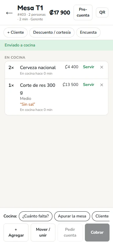 Pantalla: Toque «Enviar a cocina»