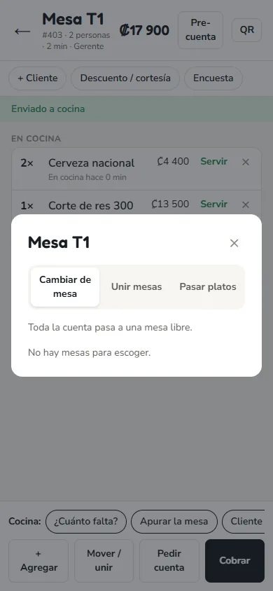 Pantalla: «Mover / unir» pasa la cuenta a otra mesa, junta dos mesas o pasa algunos platos a otra cuenta