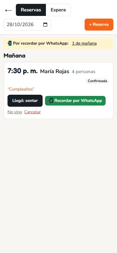 Pantalla: Arriba aparece cuántas reservas faltan por recordar hoy y mañana